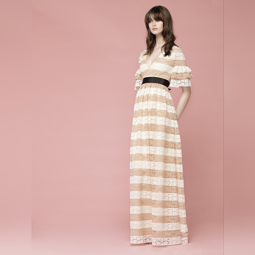 Huishan Zhang Resort 2017 Tan and White Stripe Lace Tiered Maxi Dress
